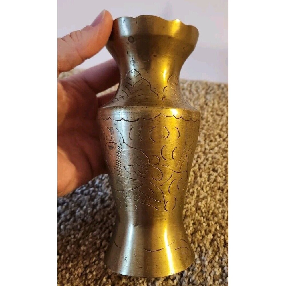 Beautiful  Brass Etched Vase 6" Made In China Bohemian